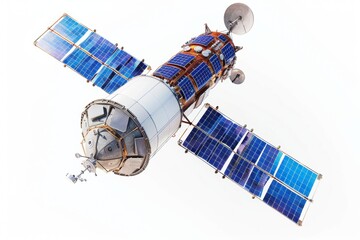 Orbital artificial earth satellite with blue solar panels on the sides surface probing isolated on white background