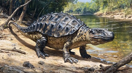Fototapeta premium Discover the unique characteristics of euoplocephalus standing by the riverbank with its remarkable armor and features