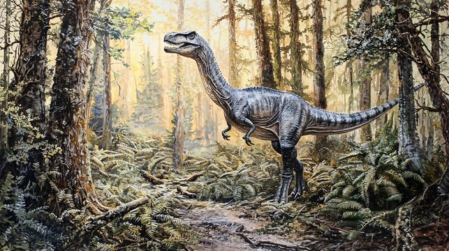 Herrerasaurus stalks its prey silently in a lush ancient forest landscape