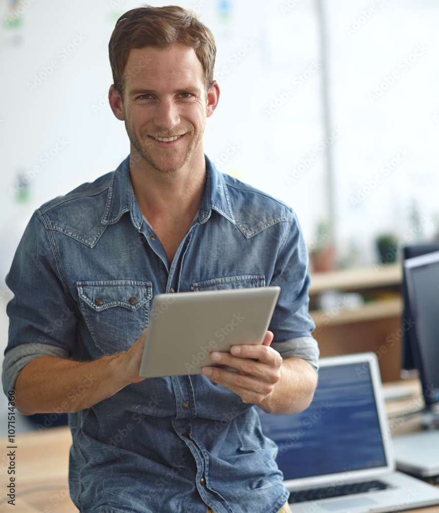 Poster creative, office and portrait of happy man with tablet, online schedule and business connection at a