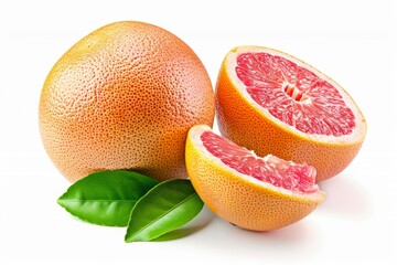 Organic grapefruit isolated on white background. Taste grapefruit with leaf. Full depth of field with clipping path