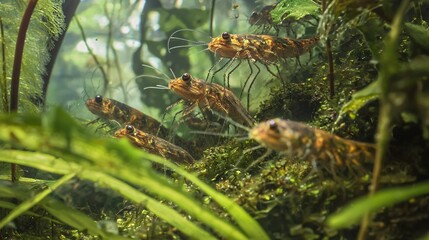 Fototapeta premium Microceratus group navigates through dense foliage in a vibrant aquatic ecosystem