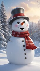 Obraz premium A cheerful snowman with a scarf and top hat stands amidst snow-covered trees during a bright winter afternoon. Generative AI