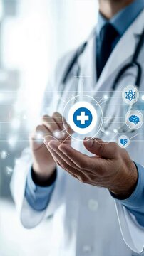 Doctor touching medical icon on digital screen with white background, patient portals, medical data, patient security