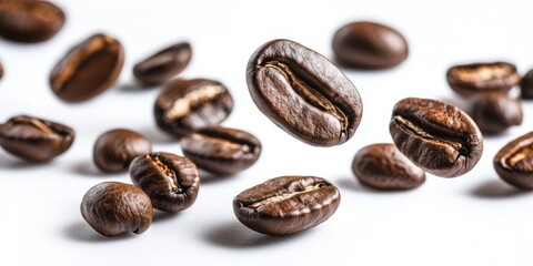 Fototapeta premium Close-Up of Roasted Coffee Beans on White Background Showcasing Texture and Rich Brown Color for Beverage and Culinary Concepts
