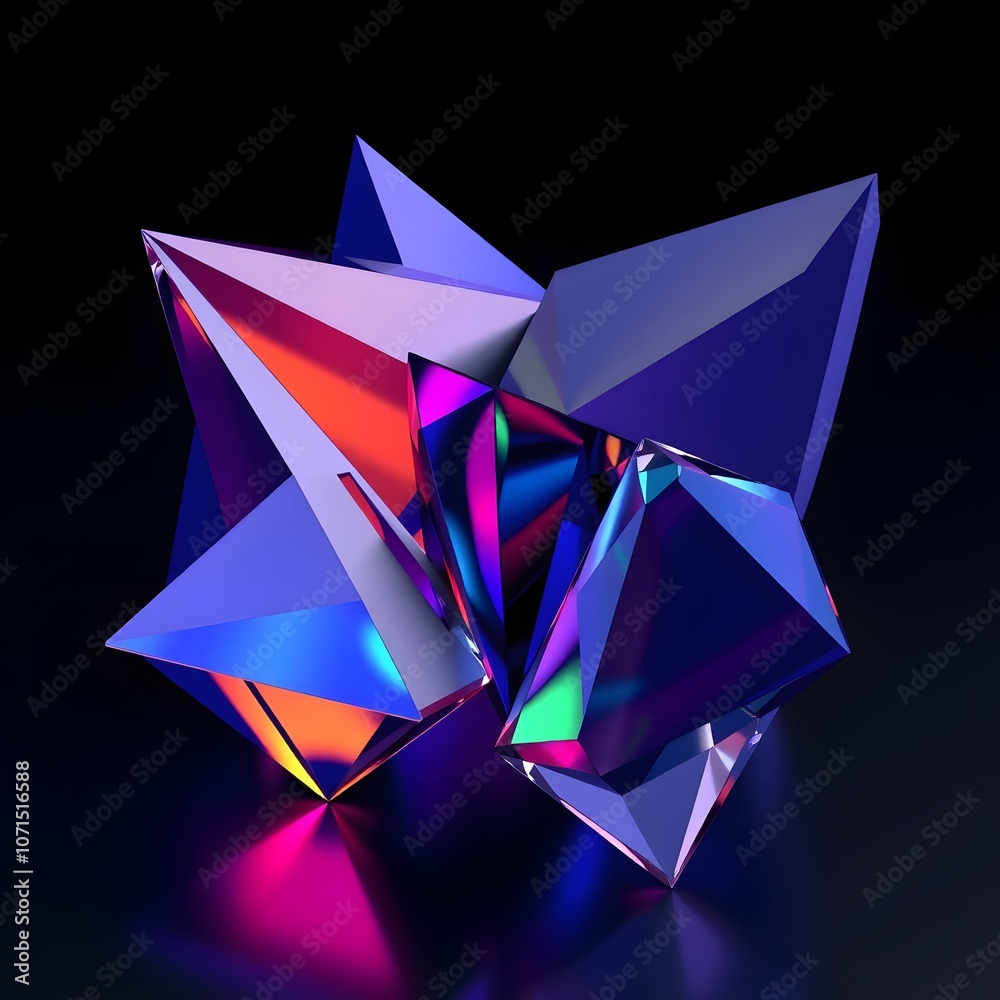 Poster Stunning 3D Render of Colorful Glass Prisms Displaying Holographic Effects Against a Dark Blue Background for Abstract Design and Art Applications