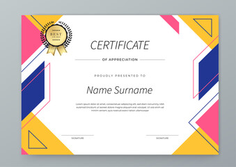 Modern Geometric Certificate Template With Award Badges. Professional certificate template featuring modern geometric design with abstract shapes