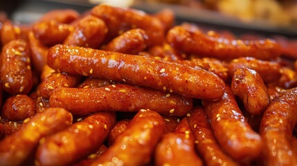 Close-up of Spicy Sweet Sausages with Sesame Seeds