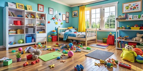 Fototapeta premium A chaotic explosion of toys, clothes, and books.