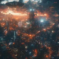 Fototapeta premium Illustration - Futuristic Cityscape at Night with UFOs