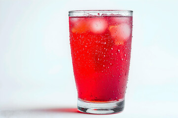 A refreshing glass of red fizzy drink with ice cubes, showcasing bubbles and condensation against a light background.