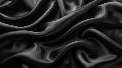 Fototapeta premium Black satin fabric, a luxurious, smooth, and shiny textile, creates elegant waves and curves for fashion, decoration, or backdrop use. Generative AI