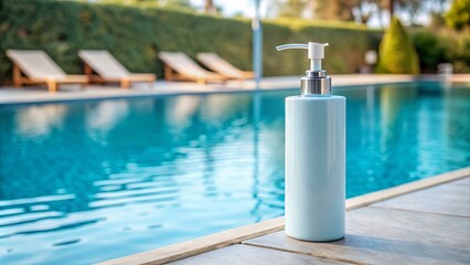 Naklejka premium A white pump bottle with a silvery top sits on a wood deck beside a swimming pool.