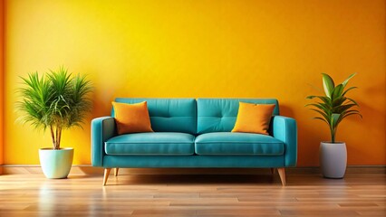 Fototapeta premium The image shows a teal sofa with orange pillows in front of a yellow wall with two plants, one on each side of the