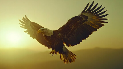 Obraz premium Realistic Illustration - Majestic Bald Eagle Soaring at Golden Hour