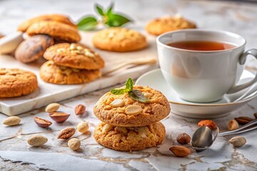 Elegant almond cookies, steaming tea, and a white marble backdrop.
