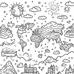 Obraz premium World Map Illustration - Earth, Mountains, Sun, Clouds, Boat