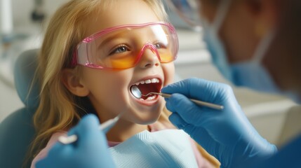 Child at dentist with protective eyewear during oral check-up