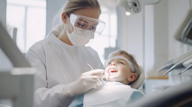 Dental examination with protective eyewear at modern clinic - Powered by Adobe