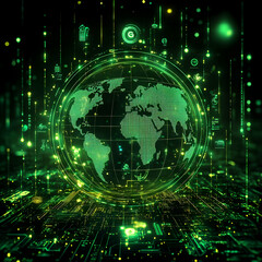 Obraz premium 3D Illustration Green Glowing Globe Data Network Technology