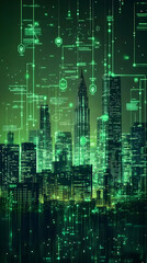 Obraz premium Illustration - Futuristic Green Cityscape Data Network