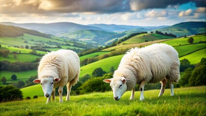 Two sheep graze in a lush green field with rolling hills and a cloudy sky in the background.