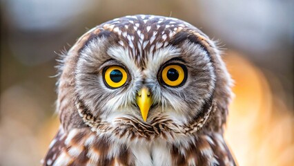 Obraz premium The image shows a close-up of an owl's face, with its bright yellow eyes and intricate feathers.