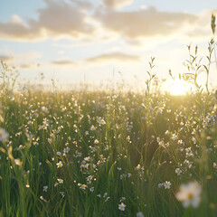 Obraz premium Realistic Image - Sunset Meadow Wildflowers Golden Hour Bloom