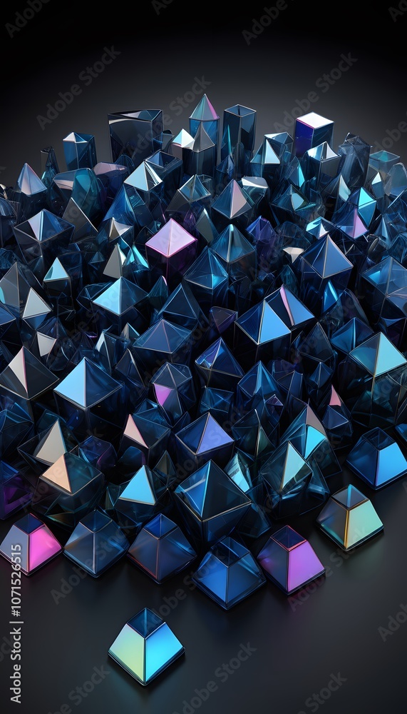 Poster vibrant 3d render of colorful glass prisms displaying a metallic sheen against a black background id
