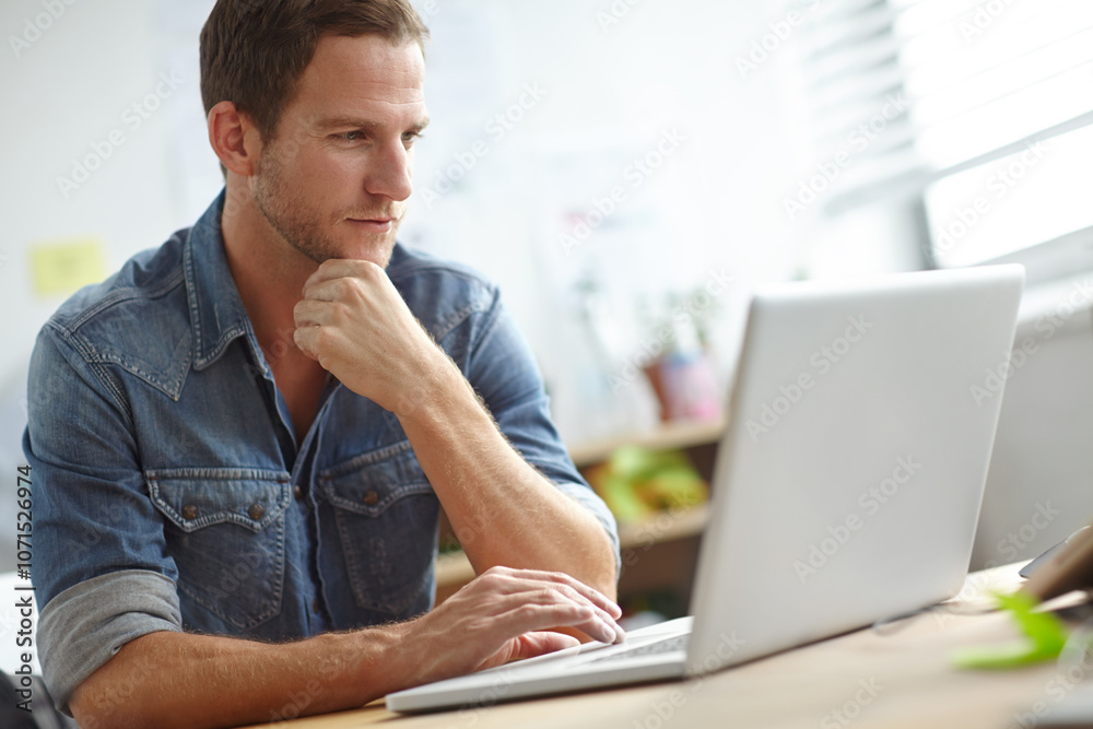 Poster office, laptop and businessman at startup company working online for project, research and planning.