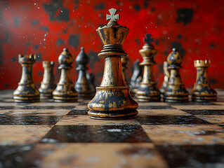 Fototapeta premium 3D Render Golden King Chess Piece on Board