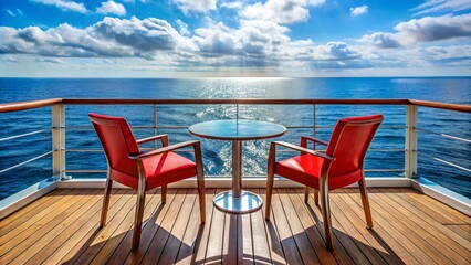 Fototapeta premium A table with two red chairs on the deck of a cruise ship with a view of the blue ocean and white clouds.
