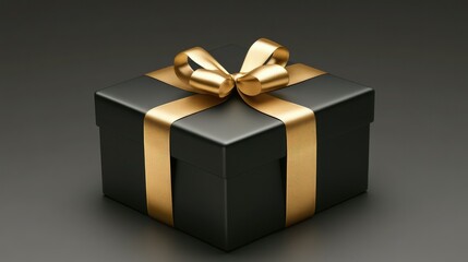 Obraz premium Elegant black gift box with gold ribbon, centered with space for text, symbolizing luxury and celebration.