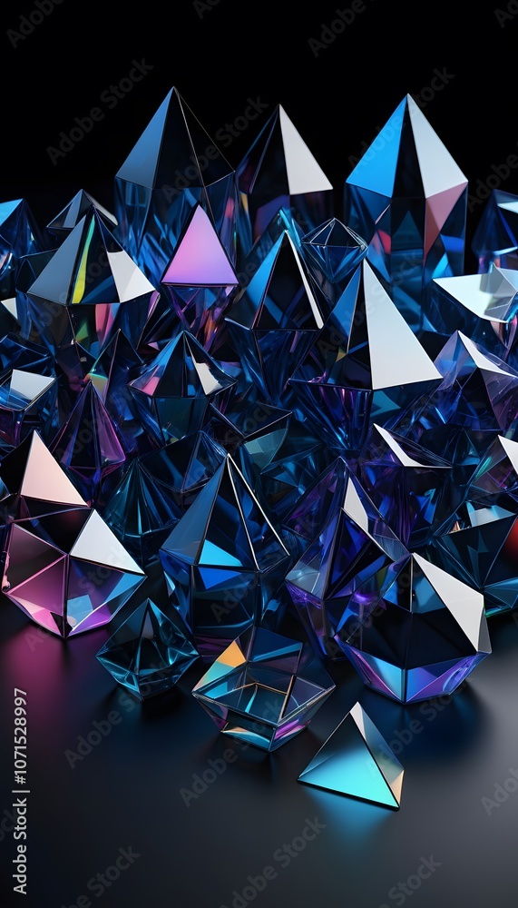 Poster colorful 3d render of glass prisms demonstrating geometric abstraction on a black background with me