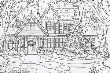 Obraz premium Sketchfor a coloring book, cozy Christmas English house at nighttime, with a lot of lighting candles and lights,