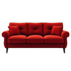 Fototapeta premium Bold, red, three-seater sofa with traditional tufting and plush cushions, radiating a warm, classic look with slightly rolled arms, set against a transparent background