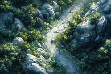 Obraz premium Mountain Forest Path Valley Wilderness Road Tabletop RPG Level Map, Fantasy Roleplaying Exterior Dungeon Battlemap, Adventure Games Encounters, Gaming Art Design, TTRPG Buildings Architecture Concept