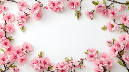 Fototapeta premium Cherry Blossoms Border Illustration of Beautiful Spring Flowers frame Rose petals on white background Postcard. White background, pink rose petals lined in the corner. frame Congratulation, wedding i