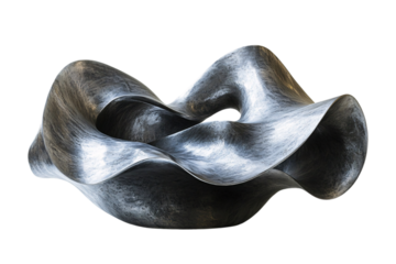 Smooth, metallic, wave-shaped sculpture with complex curves, giving it a dynamic appearance, as though frozen in motion, with an industrial aesthetic, set against a transparent background