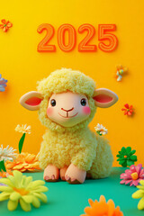 Naklejka premium New Year Cards: 2025-themed Cute Neon Background Baby Sheep Illustrations