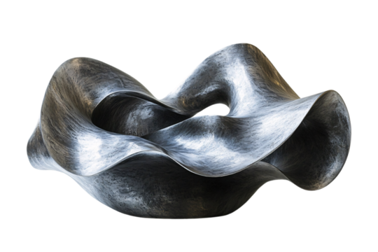 Smooth, metallic, wave-shaped sculpture with complex curves, giving it a dynamic appearance, as though frozen in motion, with an industrial aesthetic, set against a transparent background