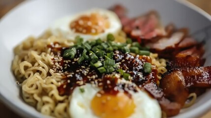 Delicious Ramen Noodles with Fried Egg, Bacon, and Sauce