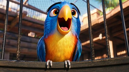 A blue and yellow parrot sits on a cage, looking up and smiling