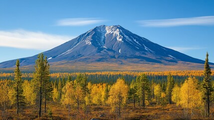 Majestic Mountain with Autumnal Forest and Snow-Capped Peak