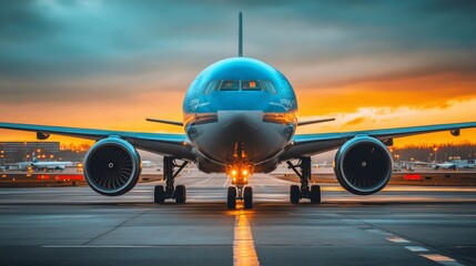 A colorful sunset highlights a large passenger aircraft on the runway at the airport late in the day with clouds in the sky