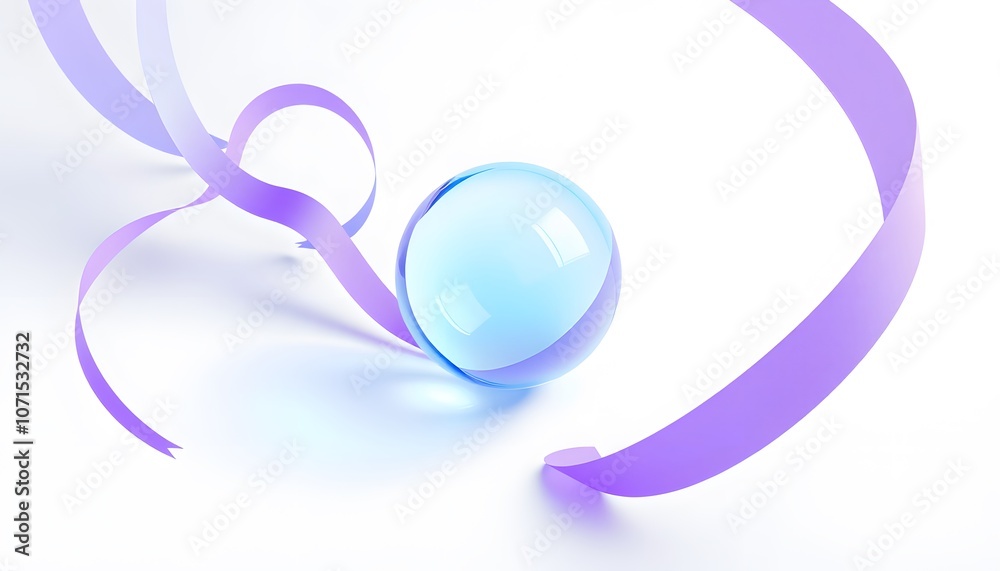 Poster Futuristic Abstract 3D Render of Glass Sphere and Colorful Ribbons on a Soft Pastel Background – Ideal for Modern Design and Digital Art Projects
