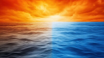 Obraz premium Fiery sunset meets tranquil ocean in a stunning horizon blend, AI