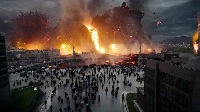 Dramatic volcanic eruption with lava flows and explosions captivates crowds in awe and fear, as helicopter navigates dark clouds over fiery landscape in city of natures disaster.