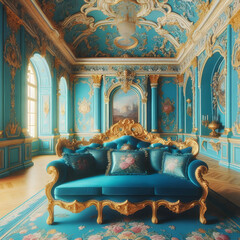 Lavish Rococo Interior with Blue Velvet Couch