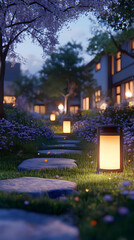 3D Illustration - Serene Garden Path at Dusk with Blossoming Trees and Warm Lights